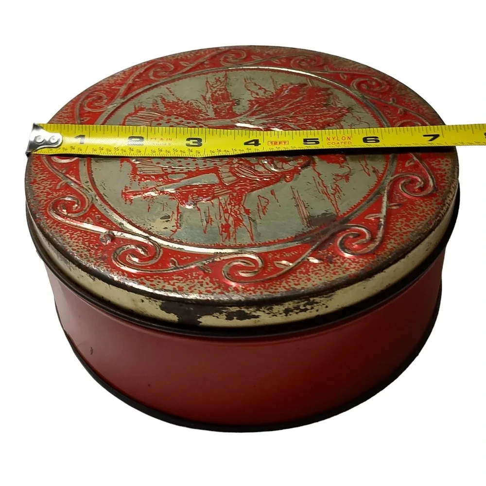 Vintage Embossed‎ Tin Sweets Romantic Couple Red Gold Round Seven Inch Tin SEE